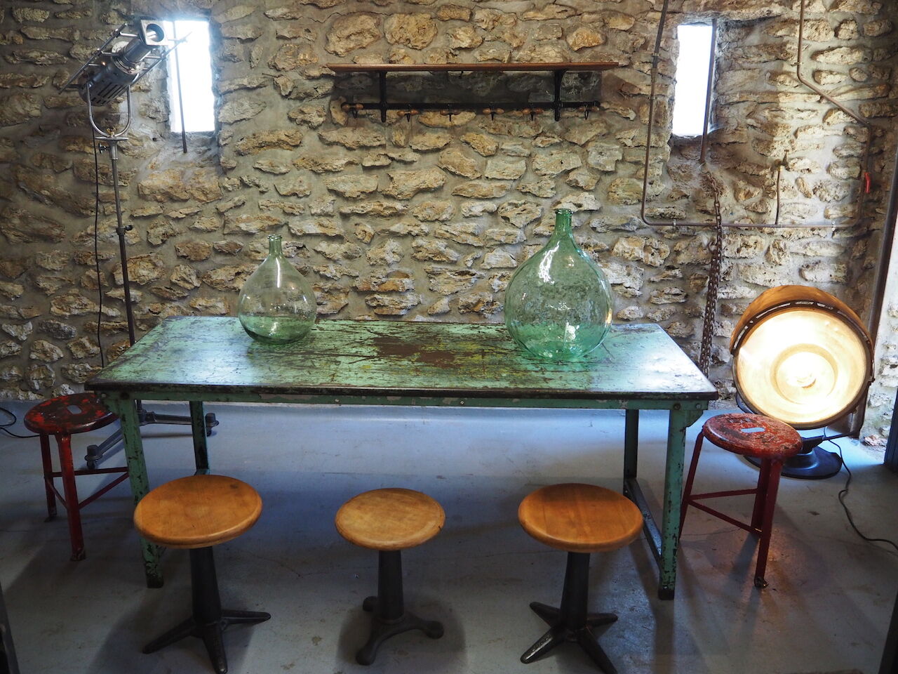 Green patinated metal workshop table 1950