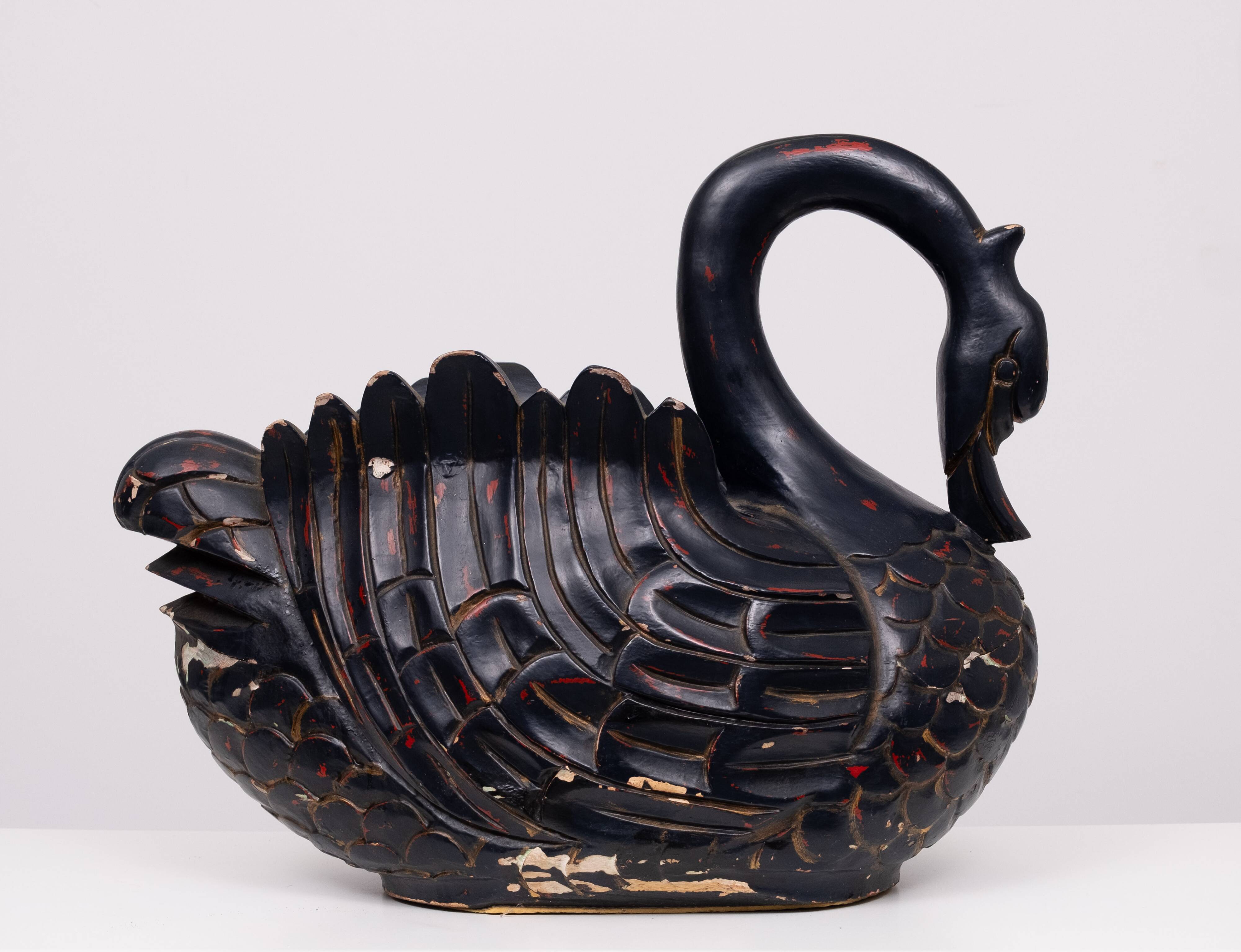 Mid Century Large Black Wooden Swan
