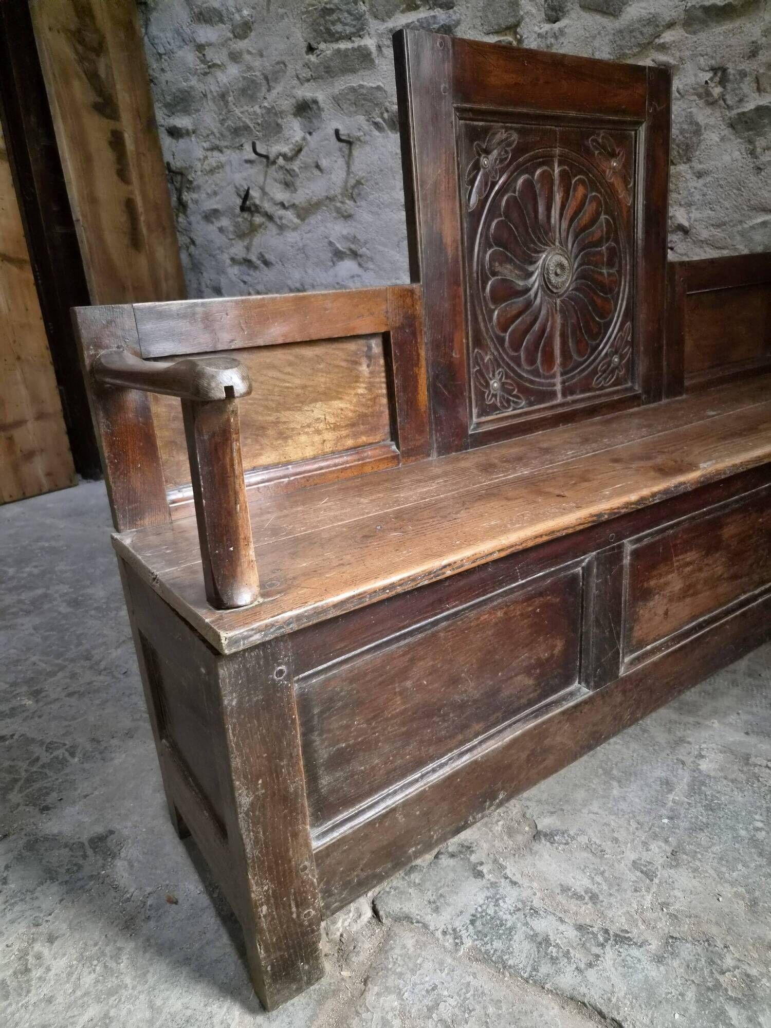 Old French popular art bench from Auvergne, circa 1800–1850