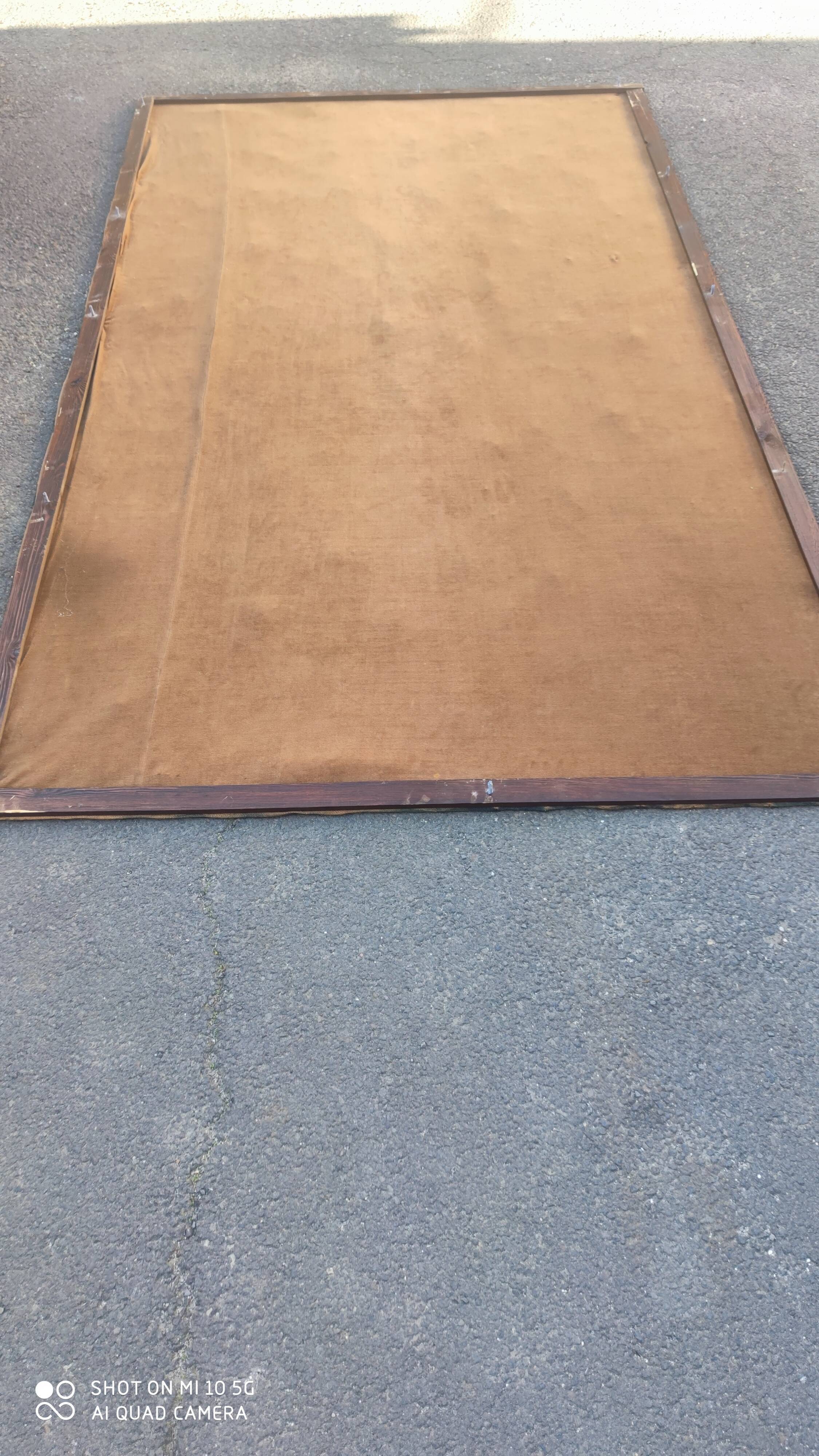 Painted burlap canvas depicting a medieval hunting scene circa 1950 by André Pierre BOURBIOUX, known as "Boul"