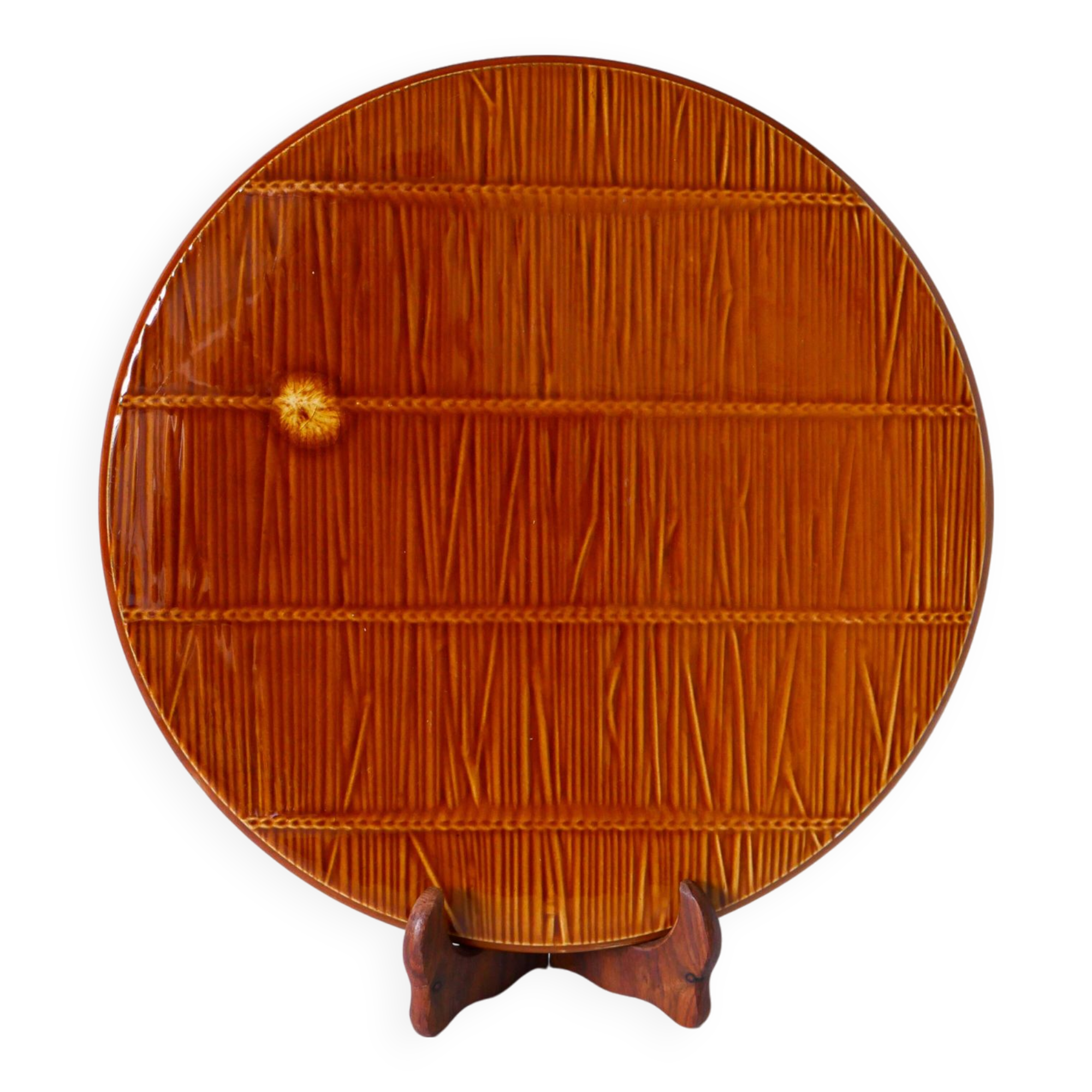 Cake dish in gien slip with woven reed effect 1960