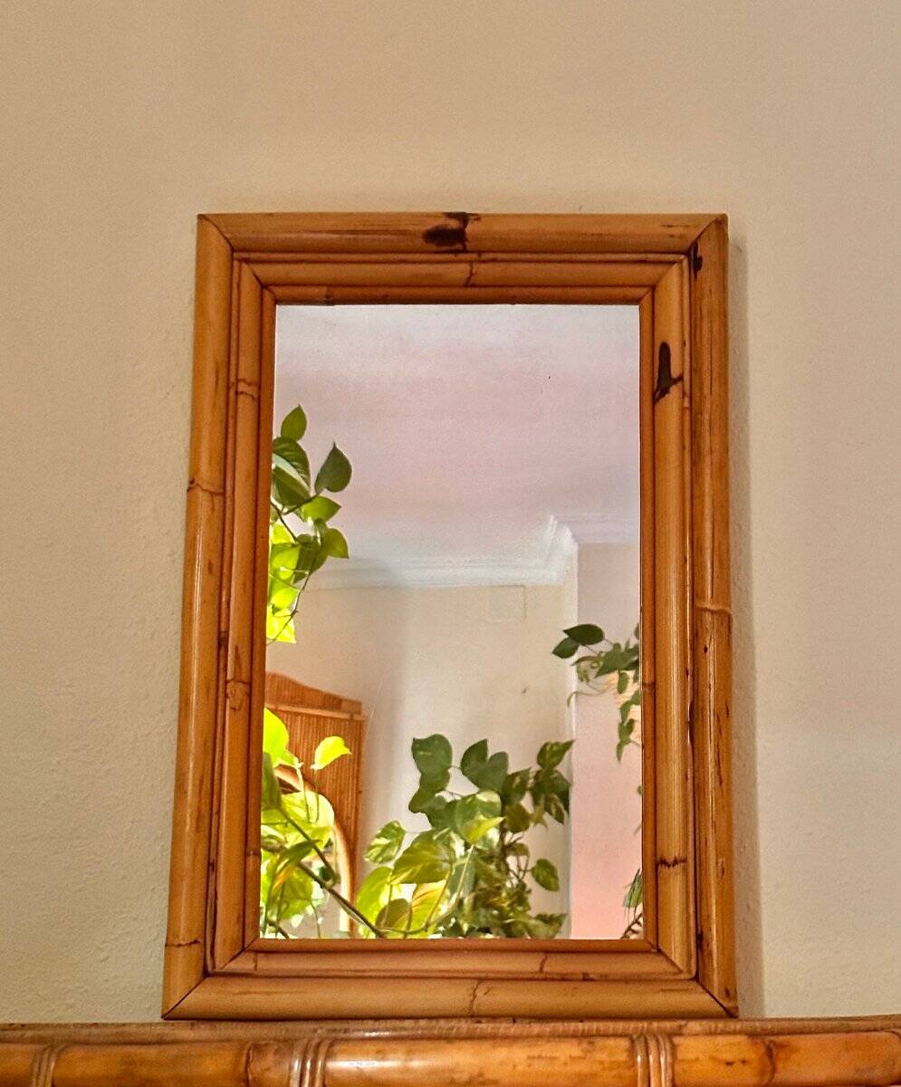 Vintage Spanish mirror in natural bamboo, 1950.