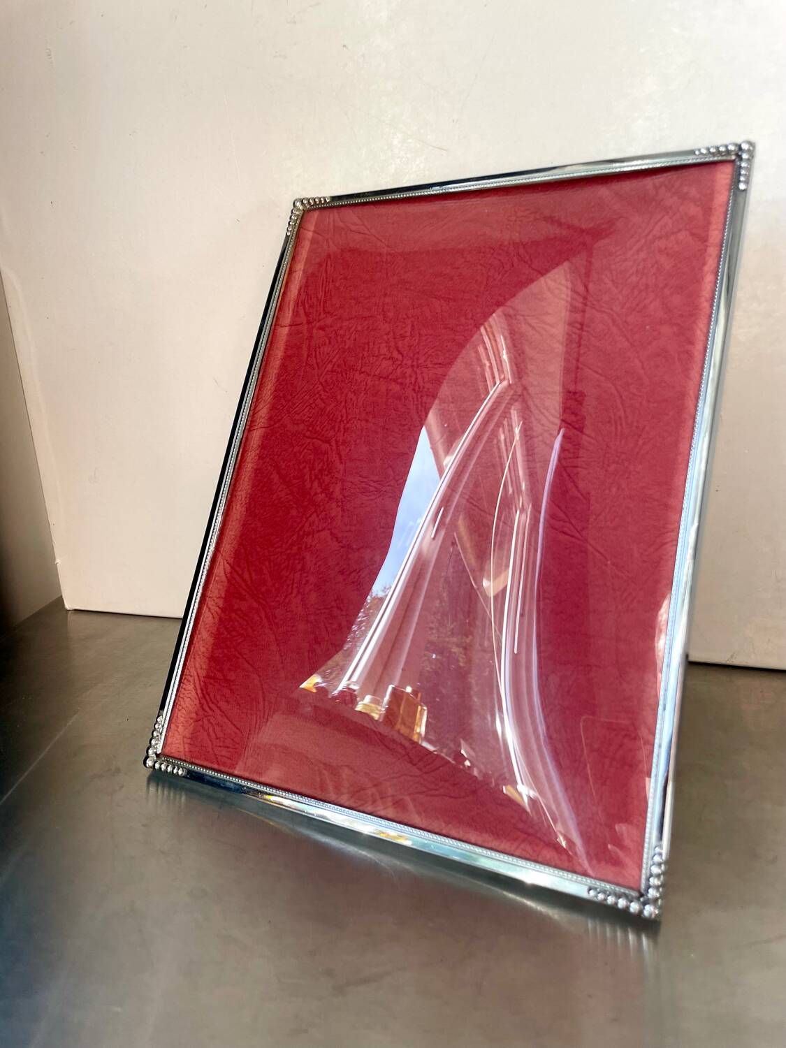 Art deco silver colored  metal frame  24.5  cm x 18.5 cm convex glass