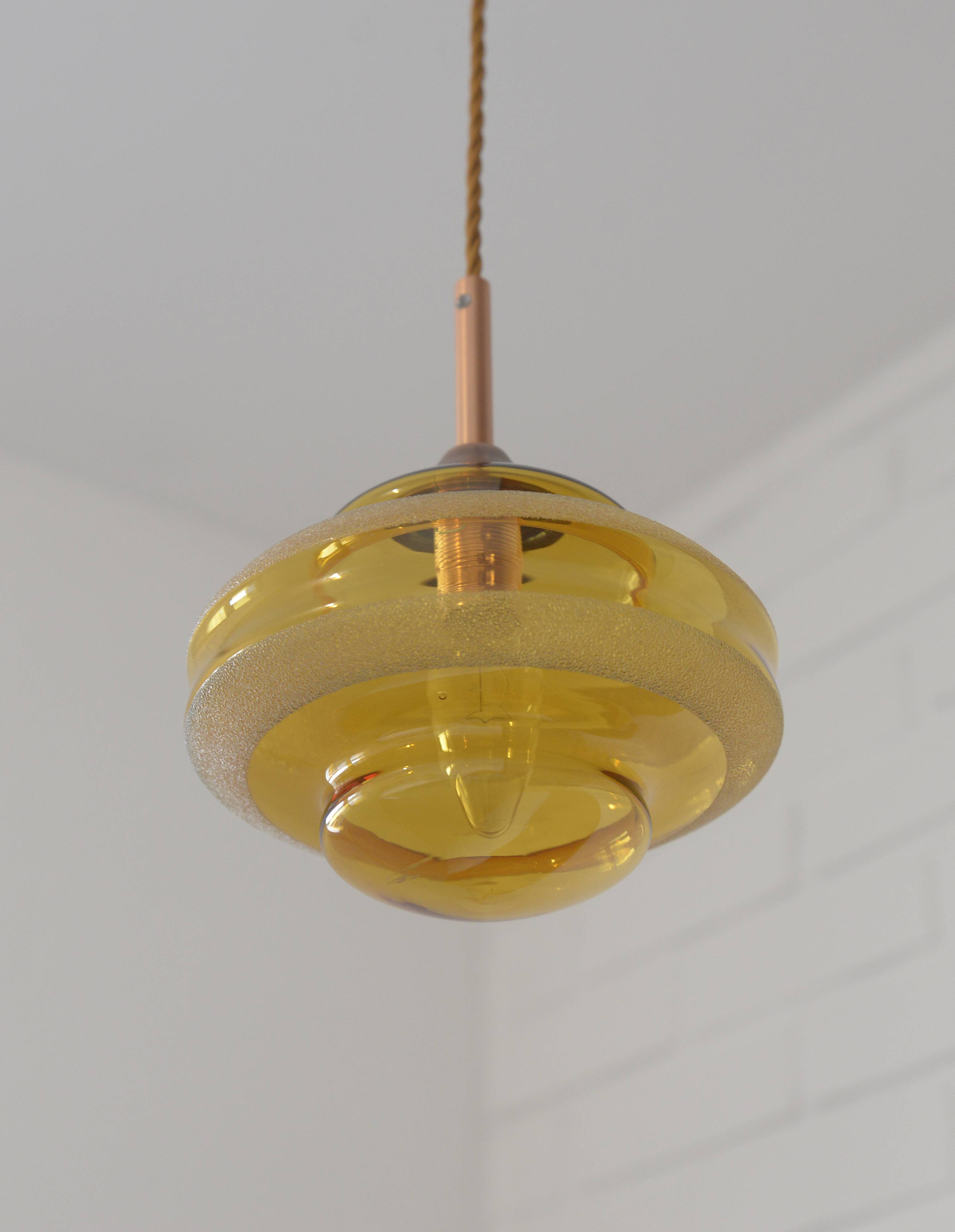 1 of 2 hand blown amber glass pendant lamp / redesign vintage hanging light