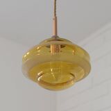 1 of 2 hand blown amber glass pendant lamp / redesign vintage hanging light