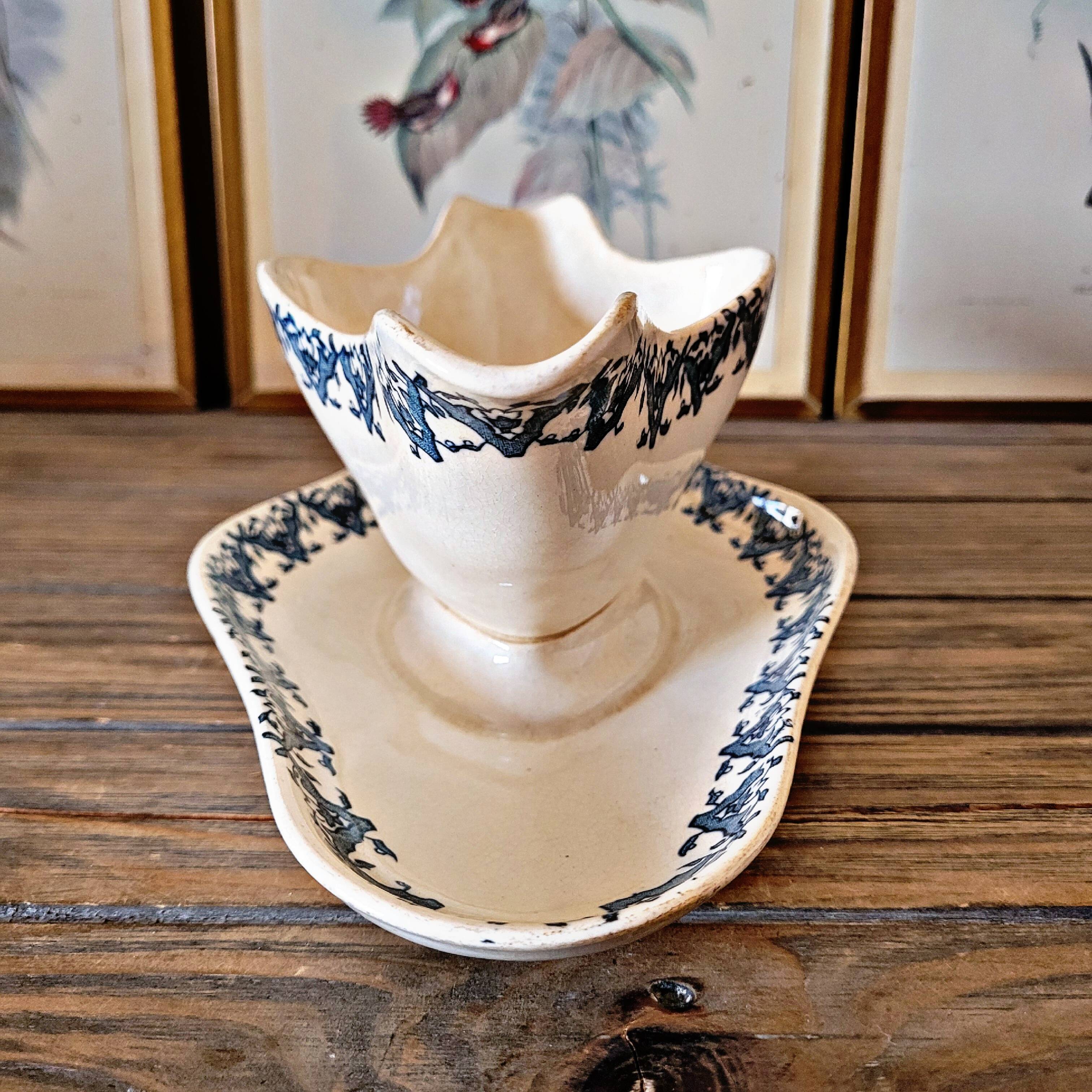 Longwy ironstone Rhodes sauceboat, late 19th century, blue decoration