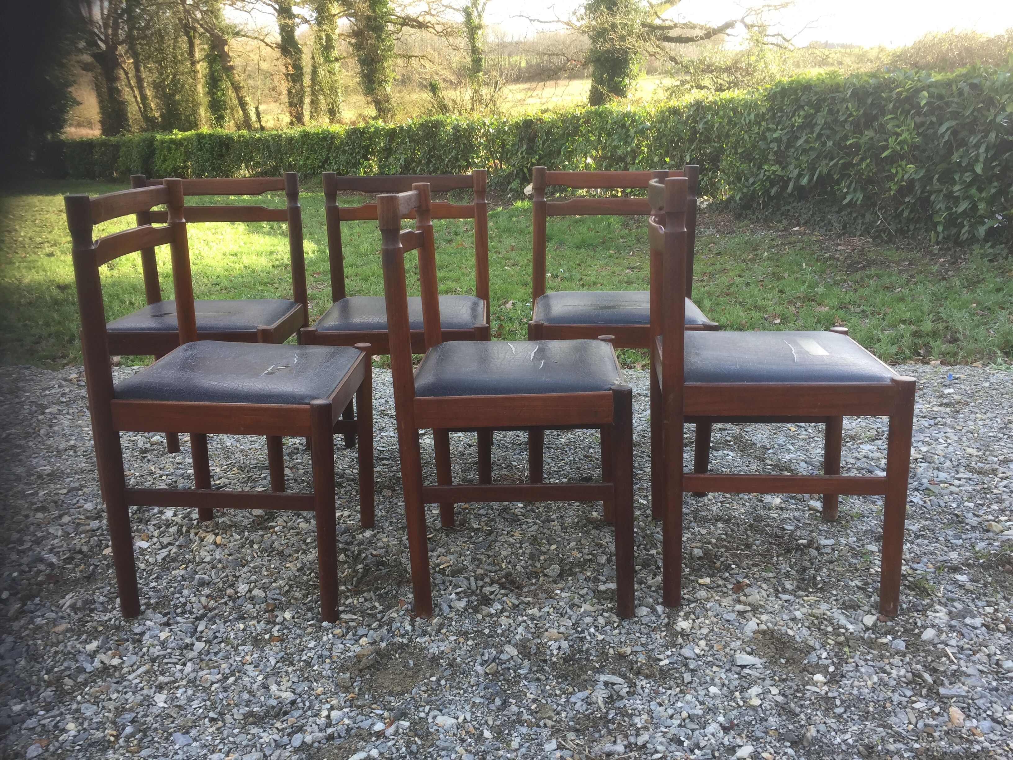 Vintage scandinavian teak chairs, black skaï seats as it is