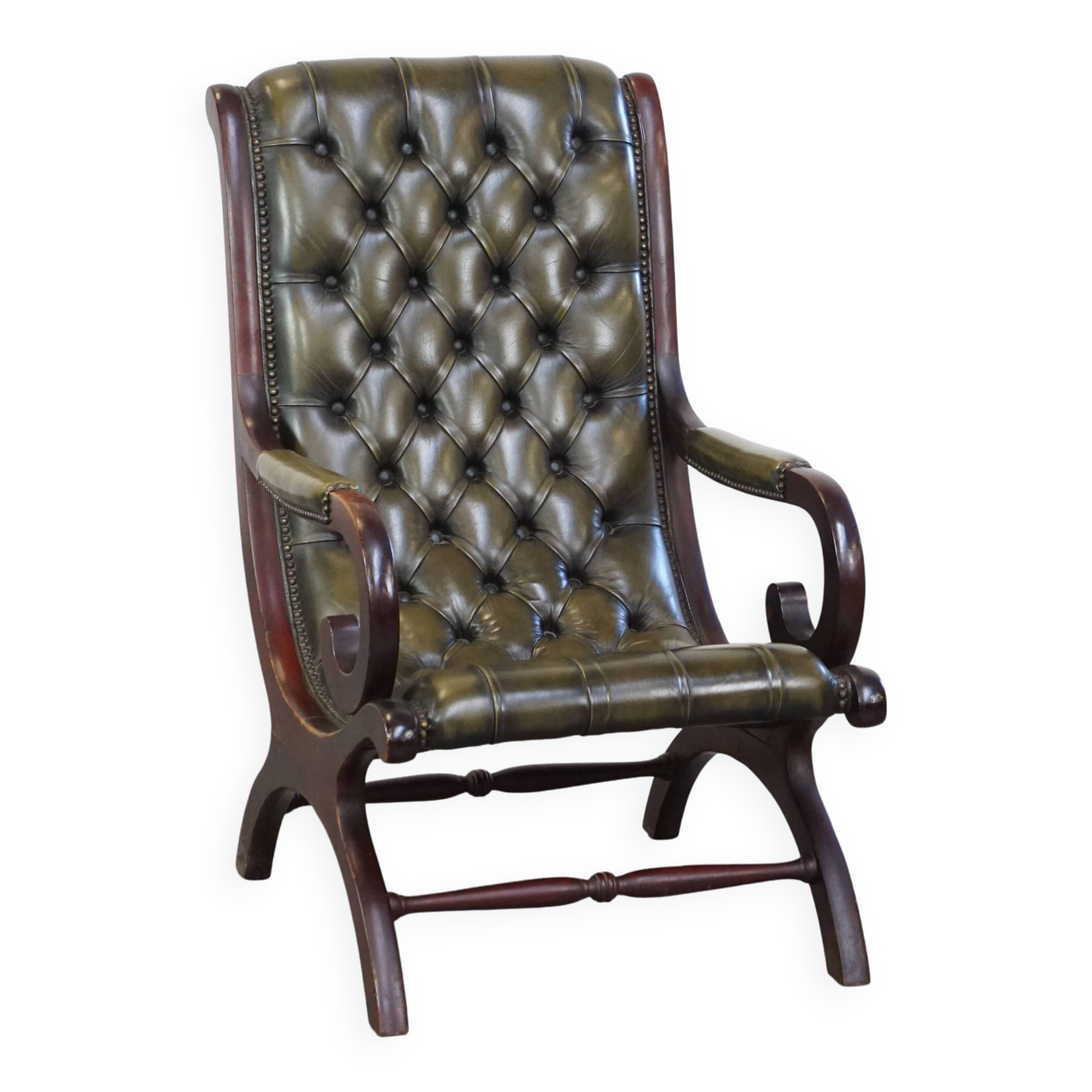 Green cow leather chesterfield armchair combined with wood