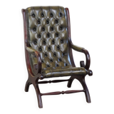 Green cow leather chesterfield armchair combined with wood