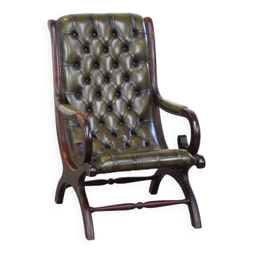 Green cow leather chesterfield armchair combined with wood