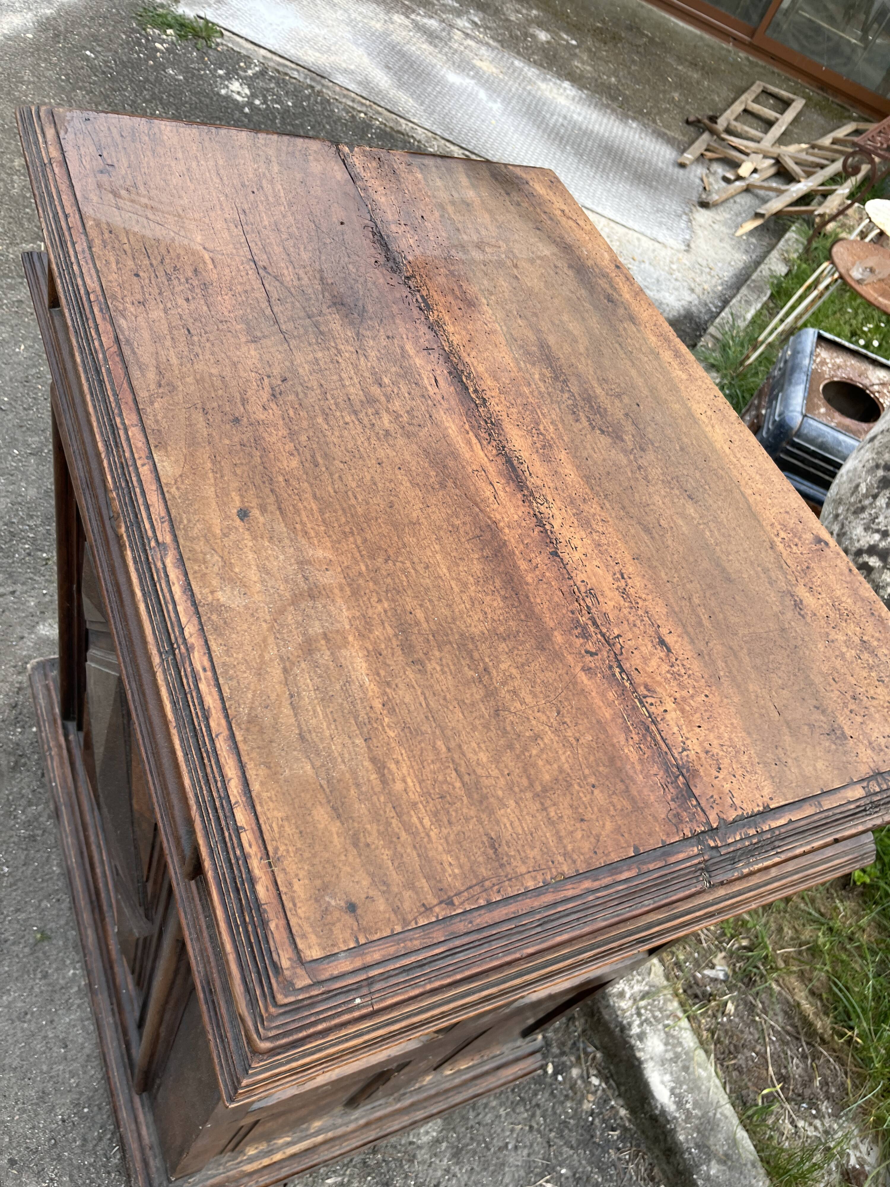 Antique walnut confiturier in Louis XIII style with diamond point panel.