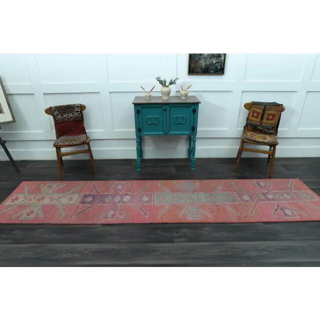 1970s Vintage Turkish Handmade Wool & Cotton Pink Runner Rug 76x344