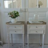 Pair of beautifully crafted bedside tables, end tables, pearl gray.