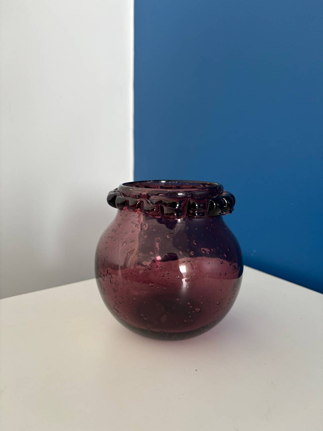 small purple ball vase in vintage bubbled glass signed biot