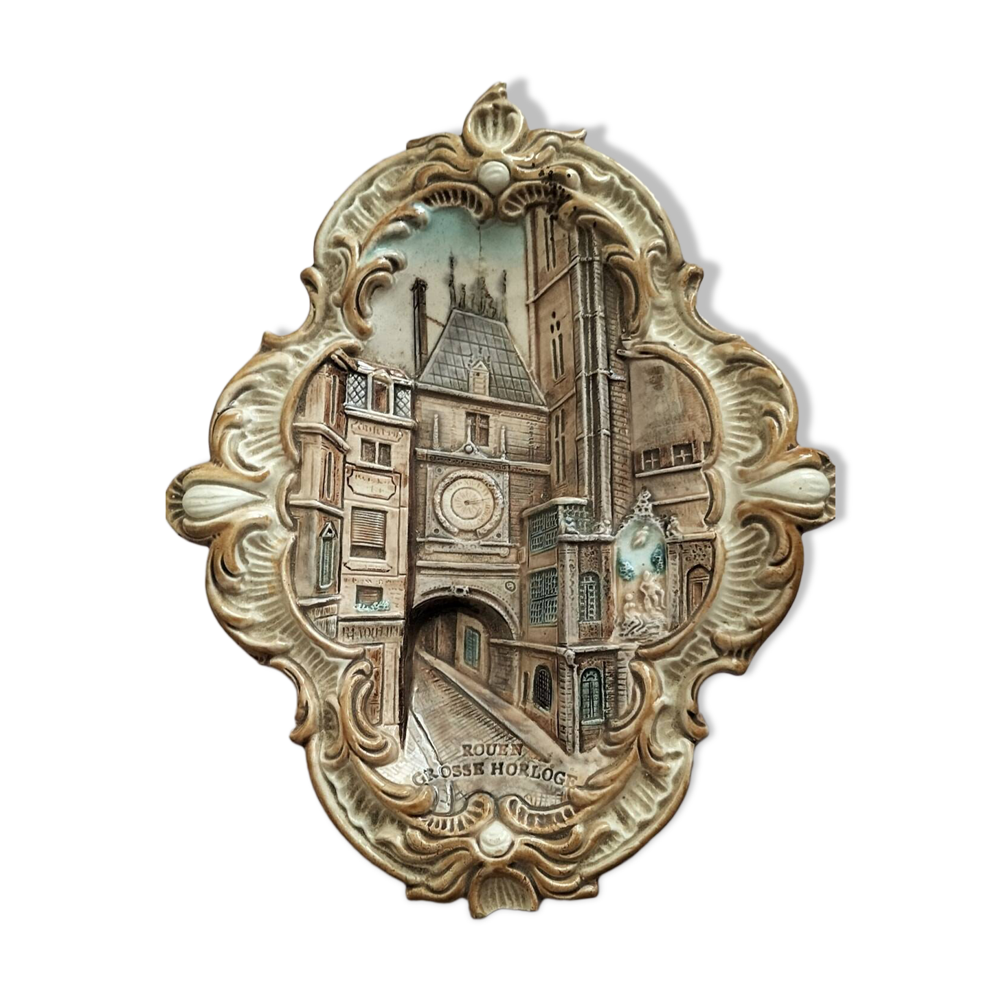 Polychrome slip wall plaque signed WS&S Rouen