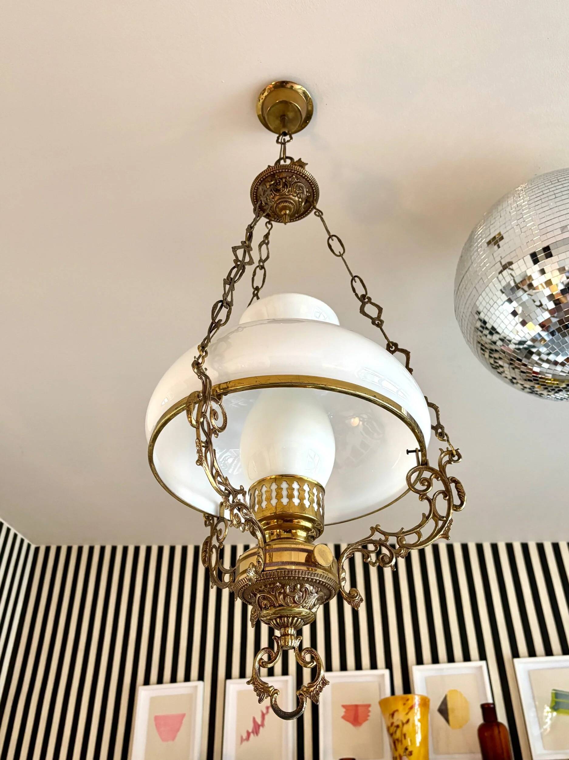 White opaline and brass pendant light