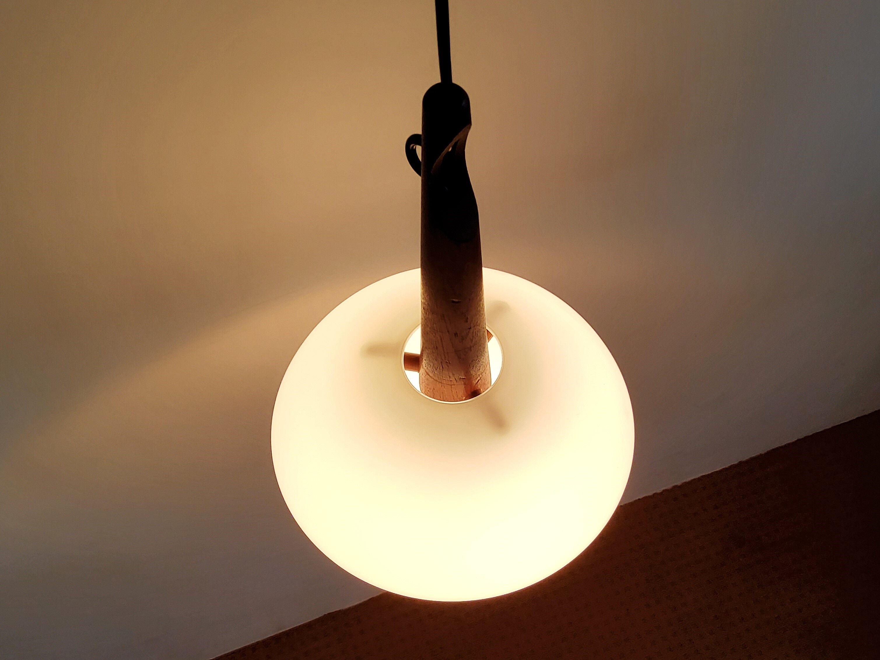 Teak and opaline glass pendant lamp by Uno and Östen Kristiansson for Luxus, Sweden 1950's