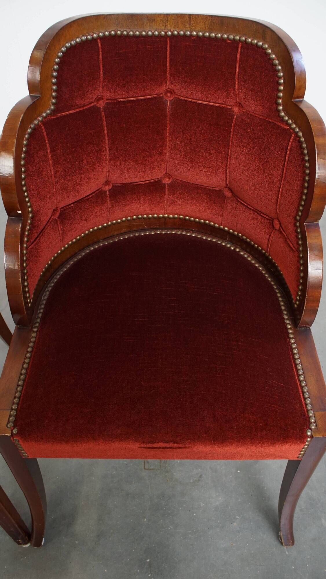 Set of 4 Art Deco Dining Chairs with Red Upholstery and Wooden Backs