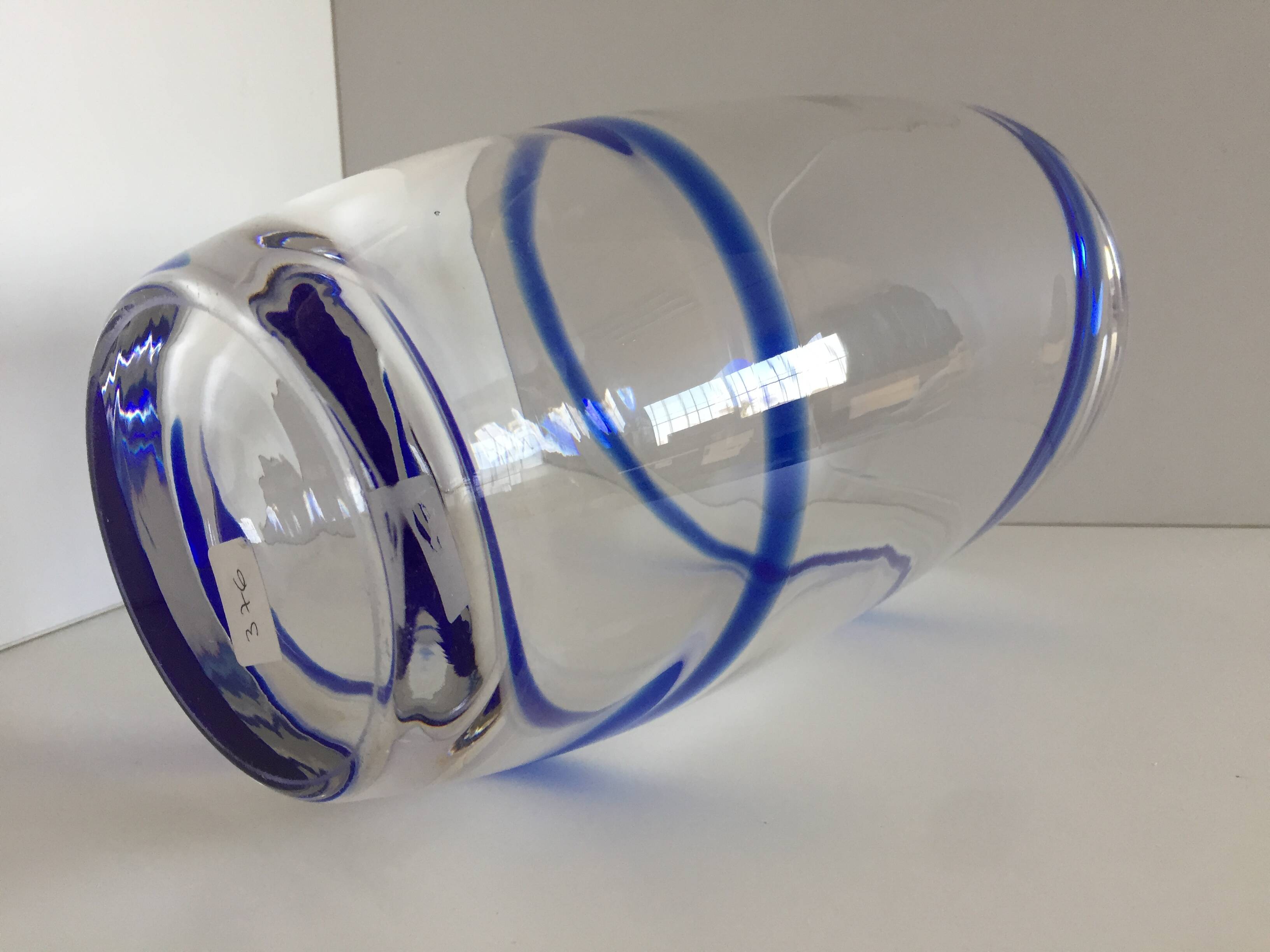 Large thick crystal glass vase modernist design cobalt edging