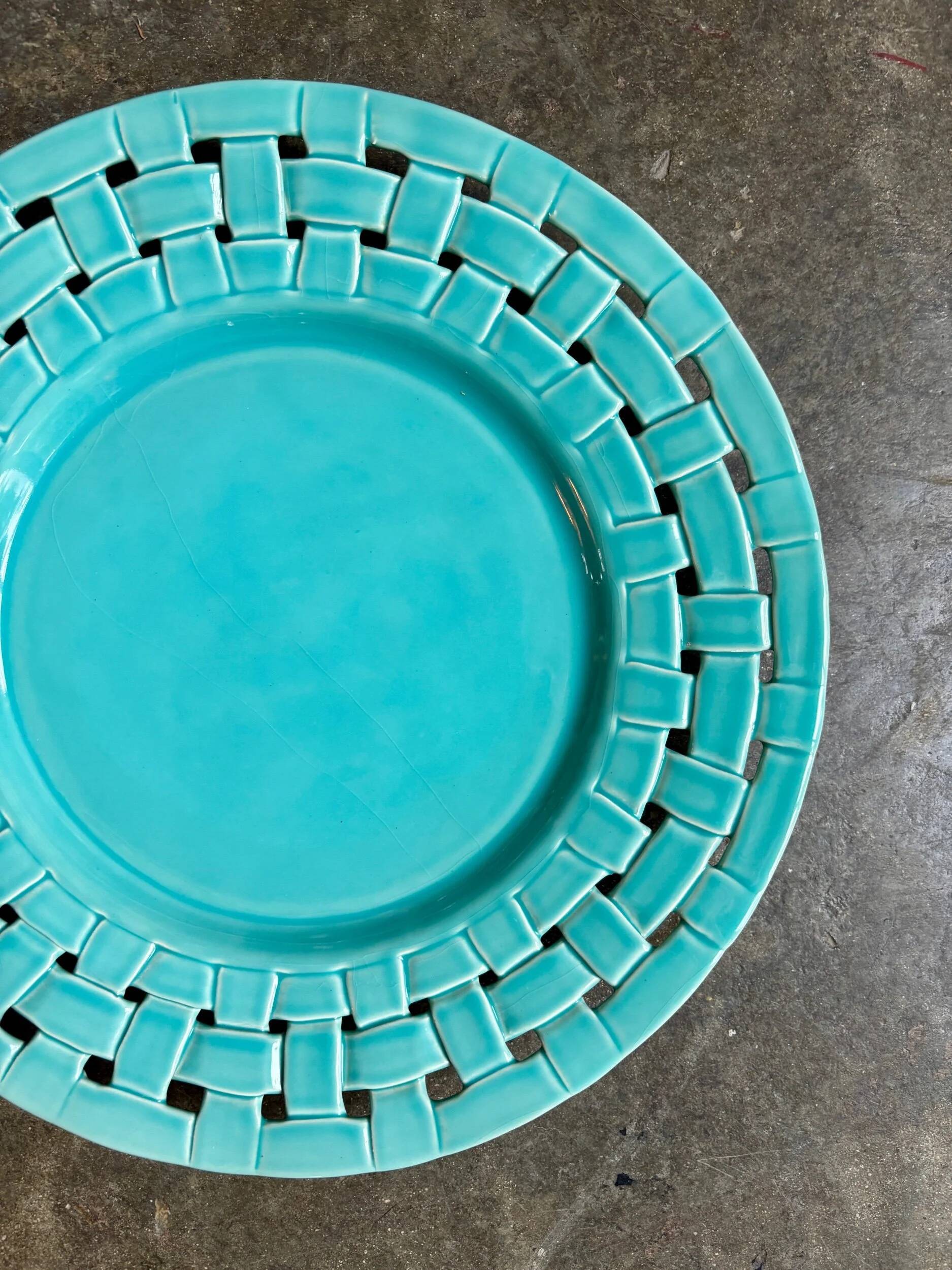 Serving plate, turquoise woven ceramic dish