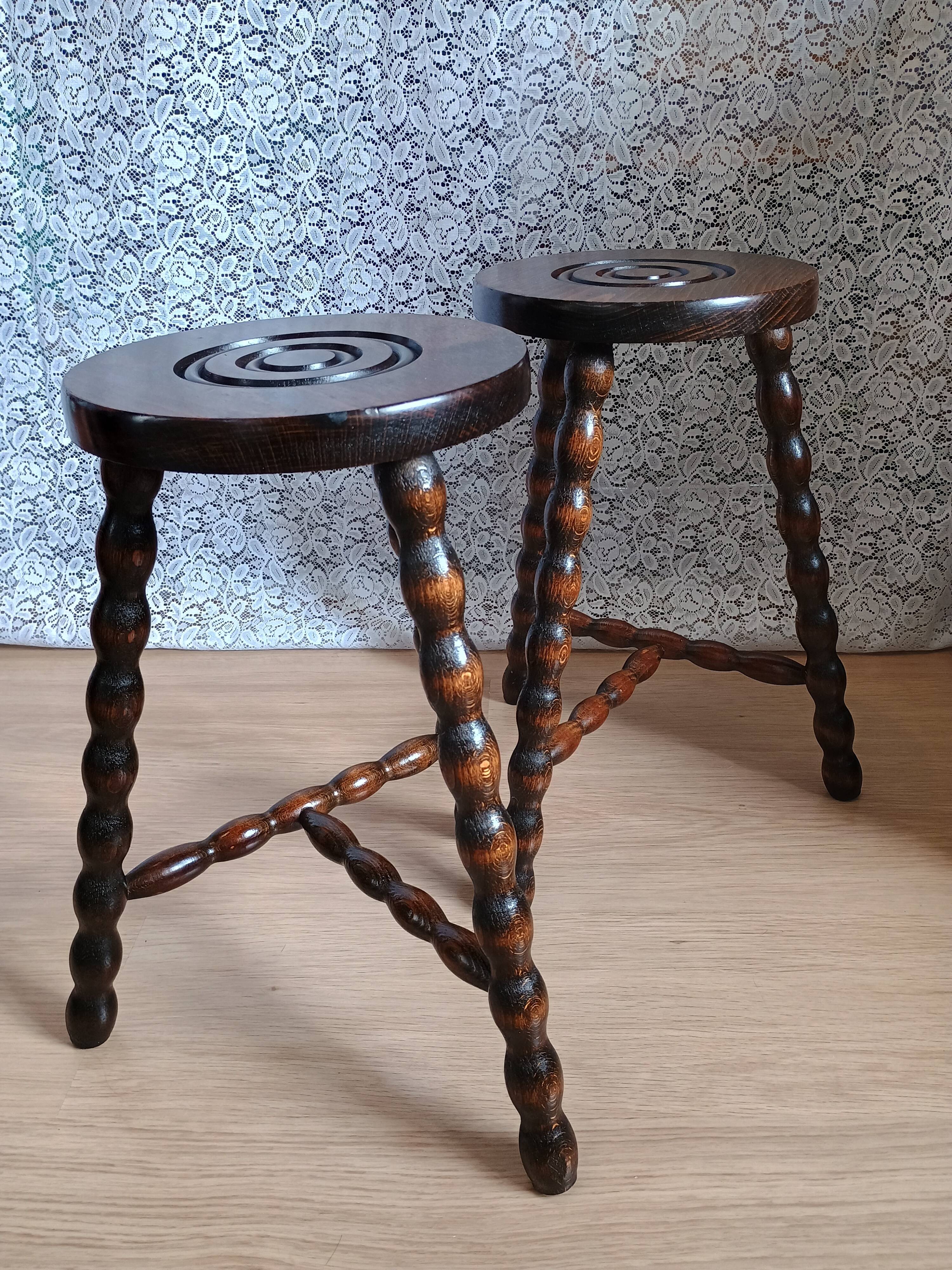 Pair of vintage turned wood tripod stools