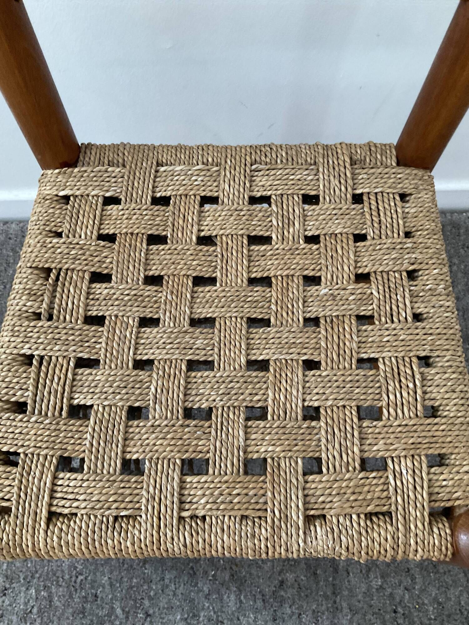 Scandinavian wooden chair and braided rope seat 70s