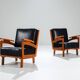 Pair of Belgian lounge chairs in solid oak with leather cushions