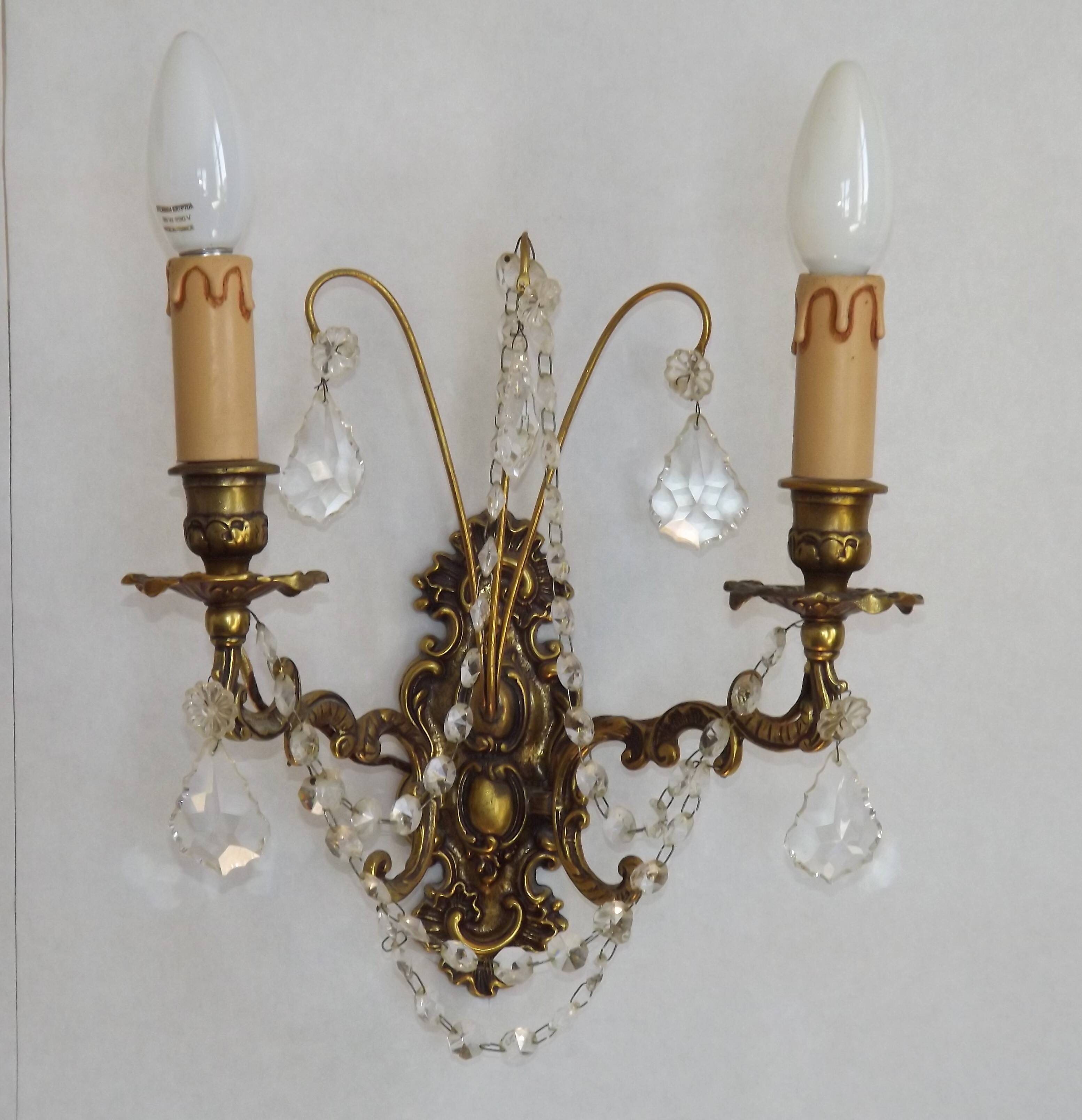 Pair of French Baroque Double Bronze Crystal Wall Lights Glass Bead Swags