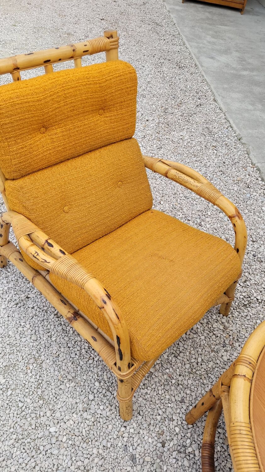 Salon canapé, 2 fauteuils et table basse en rotin vintage fabrication 1950