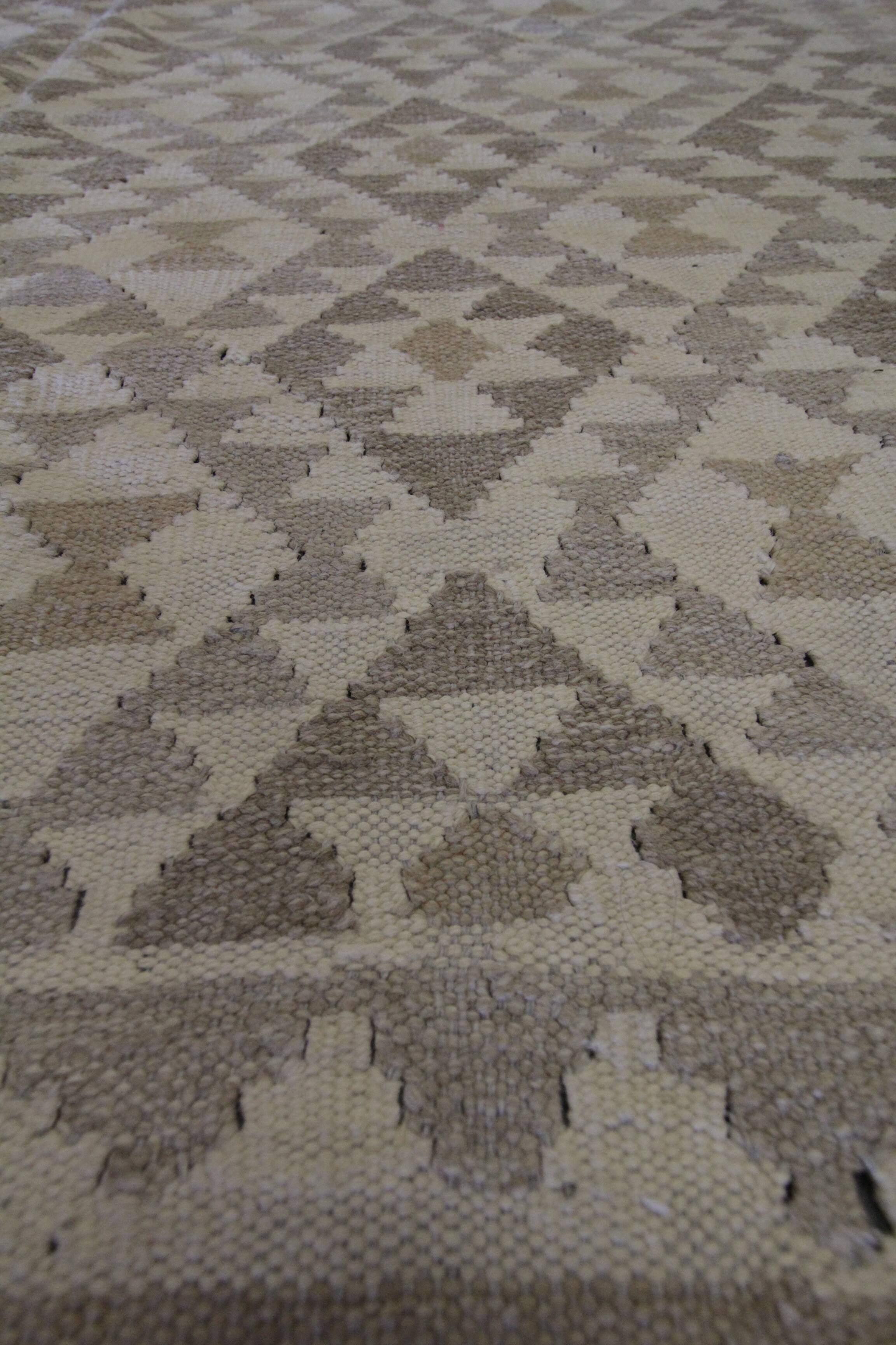 Tapis Kilim kaki-brun, laine afghane tissée à plat, tapis tribal géométrique fait main