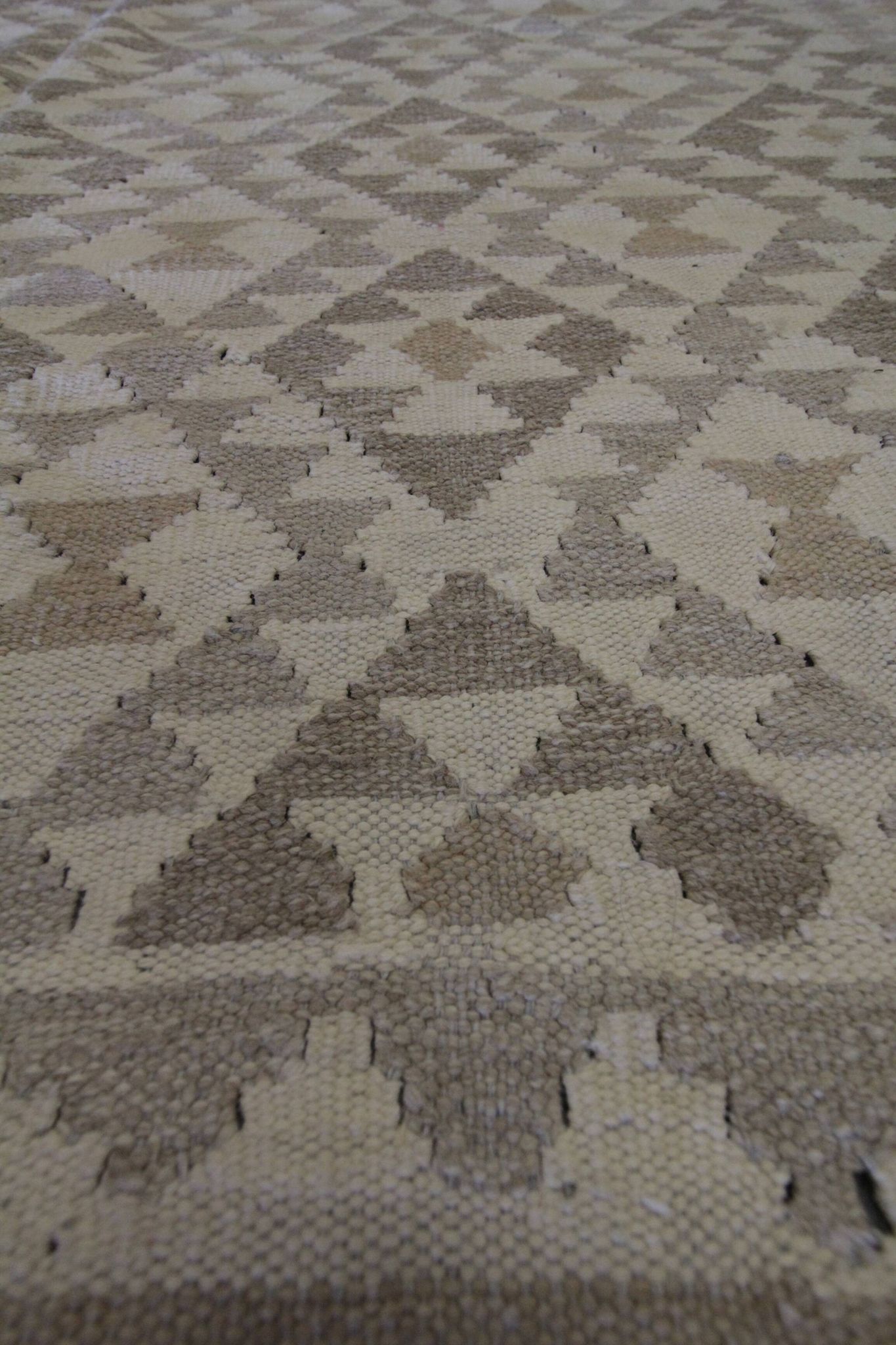 Khaki Brown Kilim Rug, Afghan Wool Flatweave, Handmade Geometric Tribal Rug