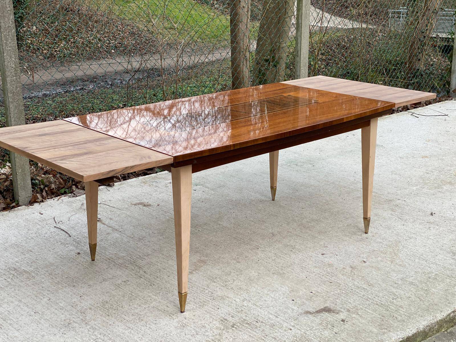 Scandinavian extendable dining table in wood and beautiful lacquered marquetry 230cm
