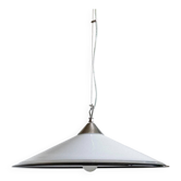 Large Vintage Murano Glass Ceiling Light in White with Black Rim and Stainless Mount – Italian 1970s Pendant Lamp