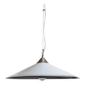 Large Vintage Murano Glass Ceiling Light in White with Black Rim and Stainless Mount – Italian 1970s Pendant Lamp