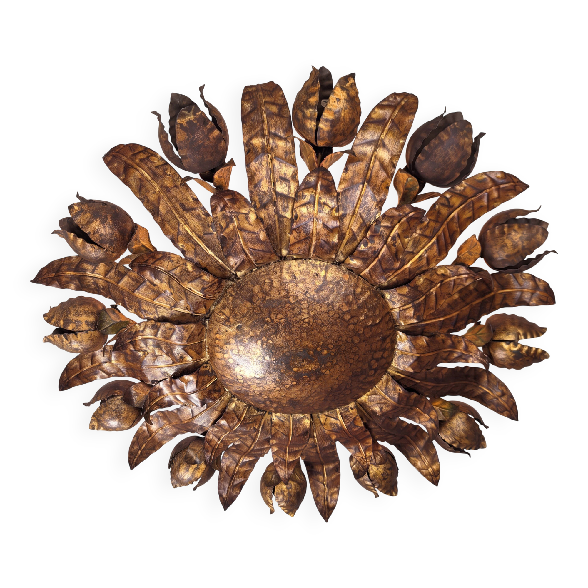 Large mid-century sunburst ceiling lamp, gilded metal with floral motif, 1950s