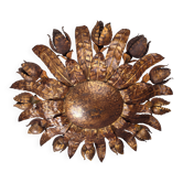 Large mid-century sunburst ceiling lamp, gilded metal with floral motif, 1950s