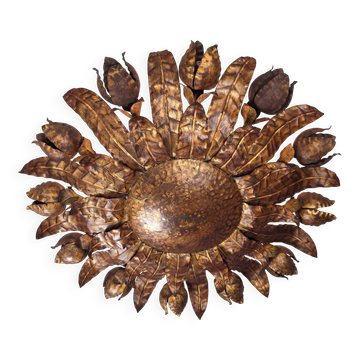Large mid-century sunburst ceiling lamp, gilded metal with floral motif, 1950s