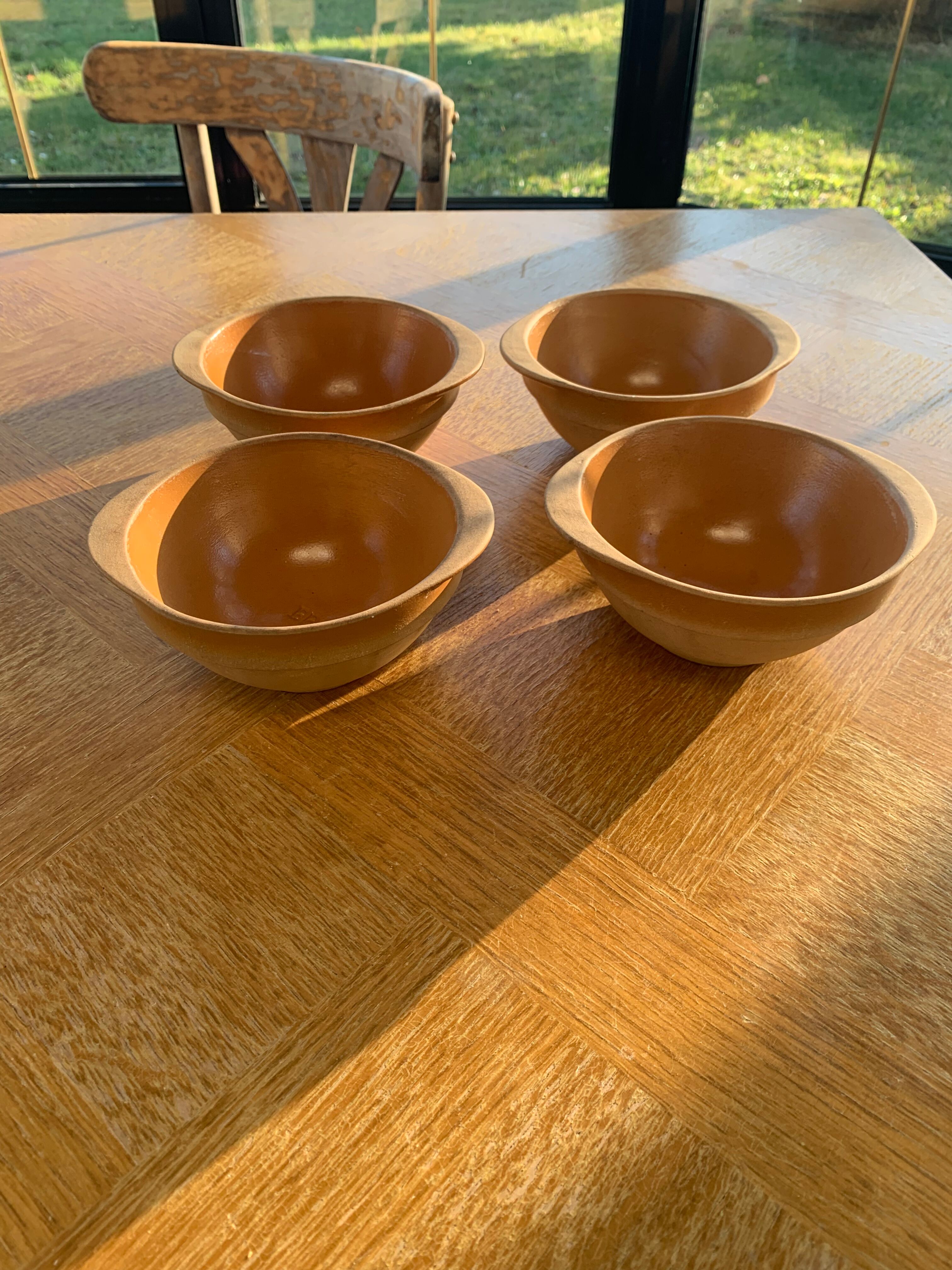 4 bowls in eared stoneware, vintage Gien France sandstone