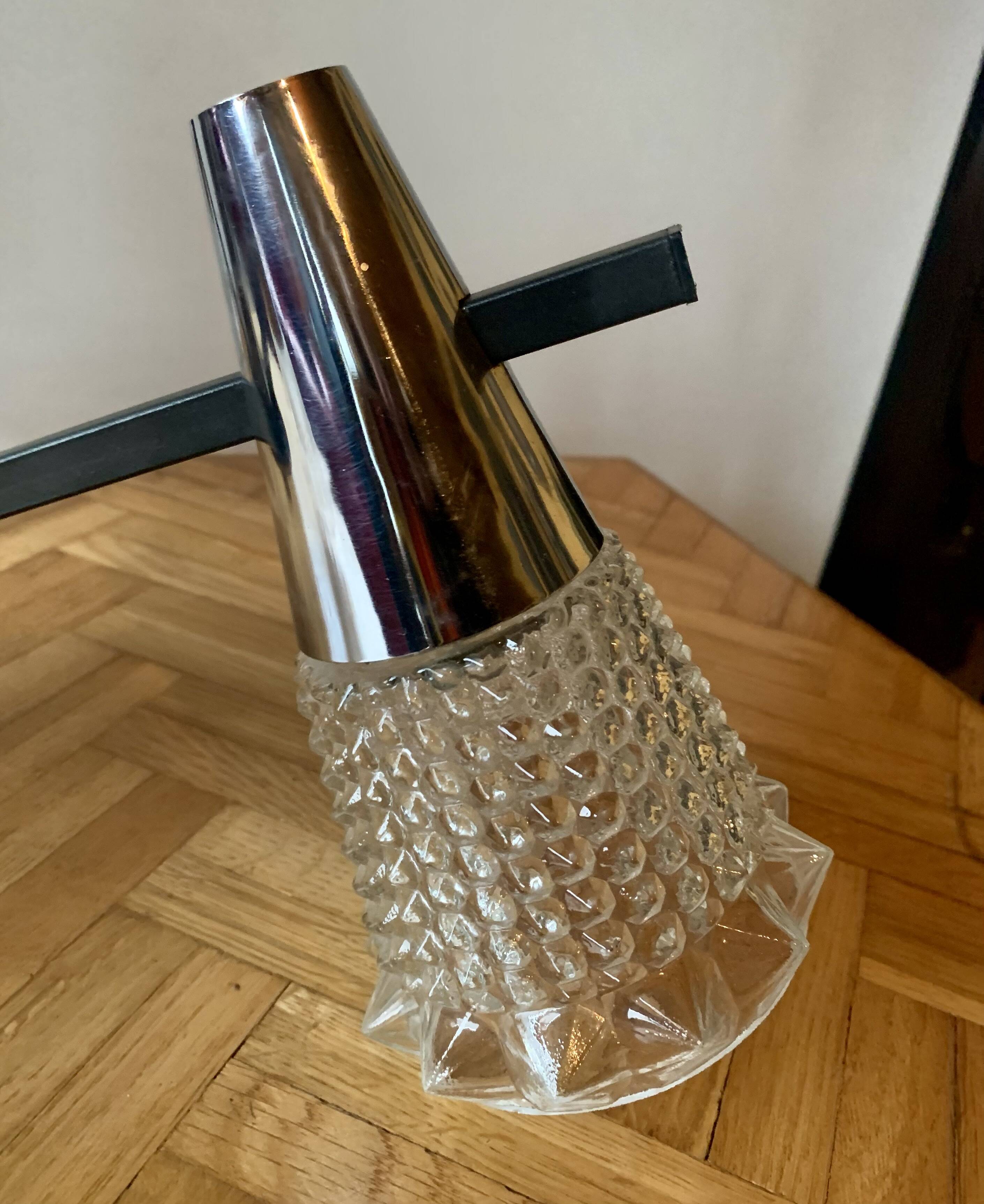 Vintage chandelier in chrome metal, steel and molded glass -3 branches