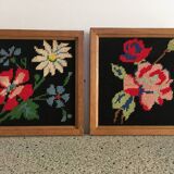 Pair of flower canvas tapestry frames from the 1970s
