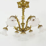 Old bronze chandelier with glass tulips with 7 fires. Nineteenth chandelier