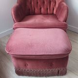 Fauteuil velours vieux rose et son repose pied