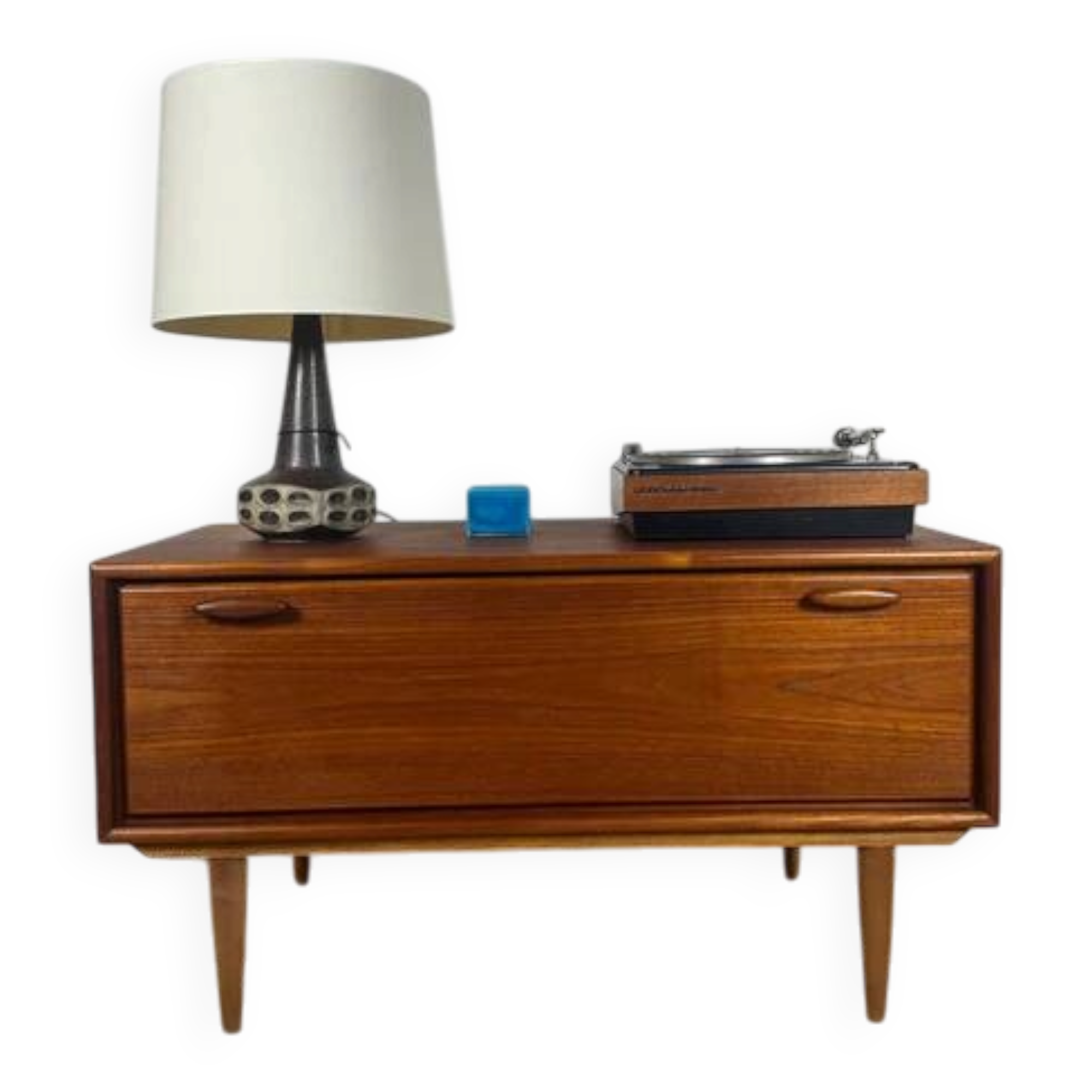 Low vintage sideboard with drop-down door – Scandinavian design 1960s, teak and elegant details