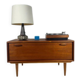 Low vintage sideboard with drop-down door – Scandinavian design 1960s, teak and elegant details