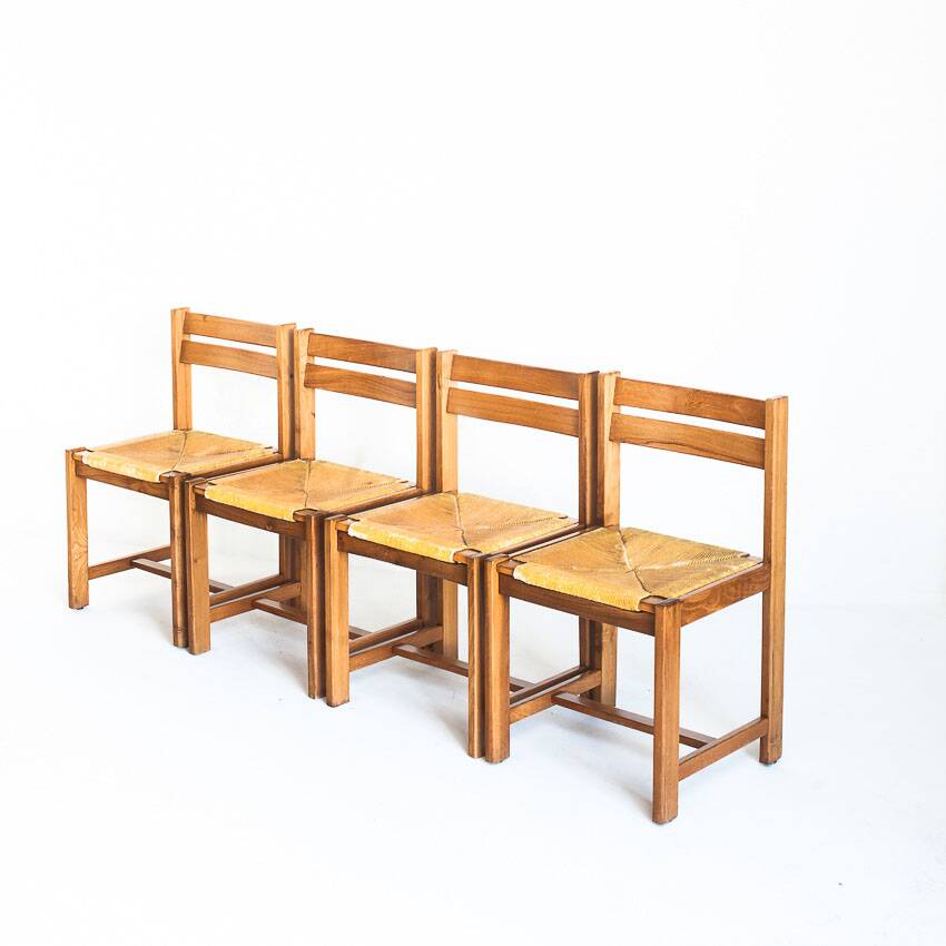 Extendable table and 4 chairs set with a rationalist design in solid elm wood. France, 70's