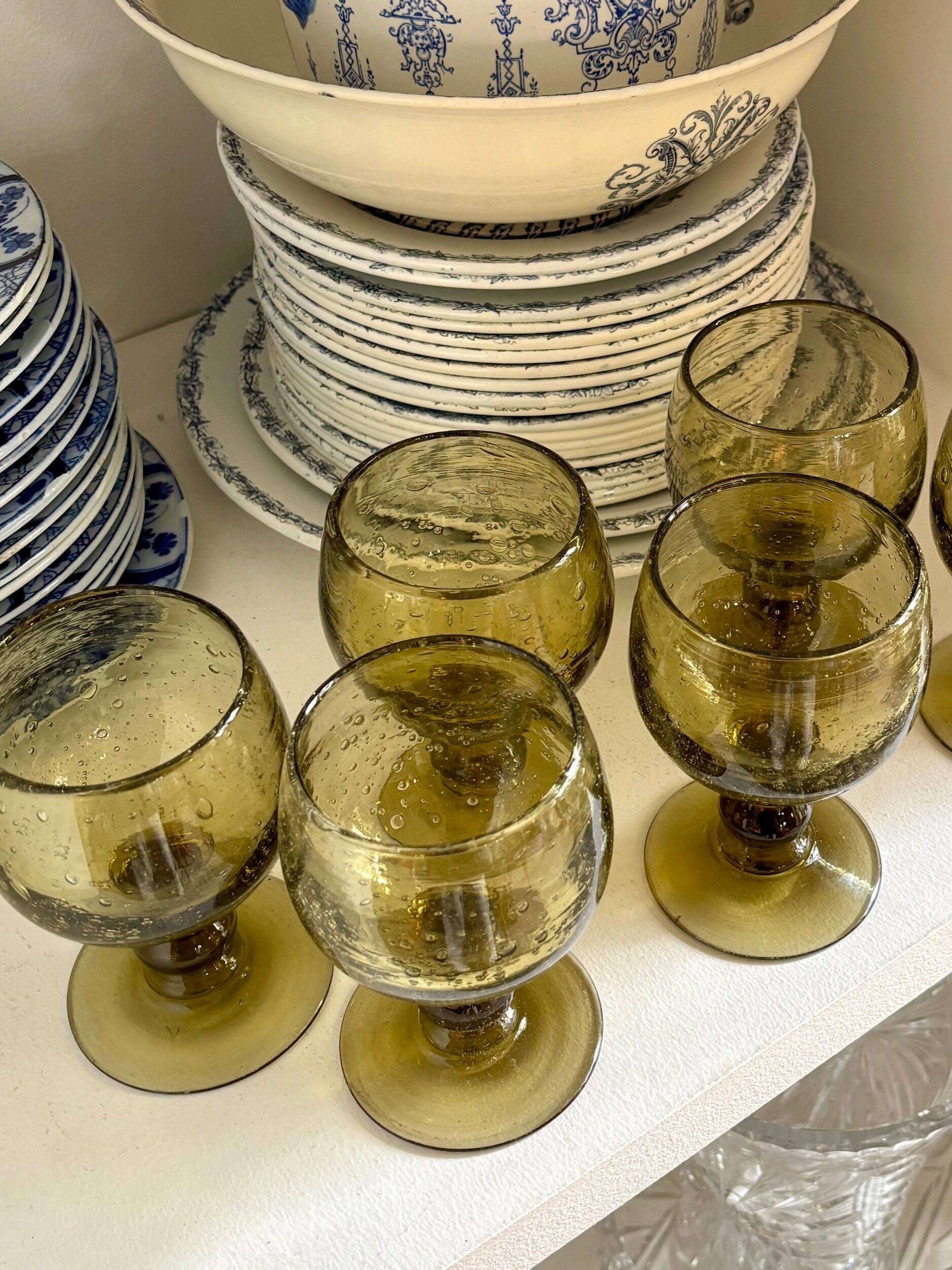 6 stemmed glasses in green blown glass