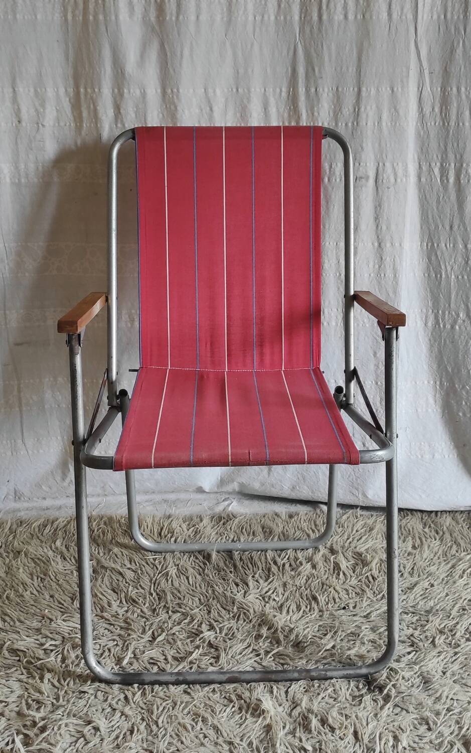 Vintage folding chair in metal and bayadère canvas - 1960s