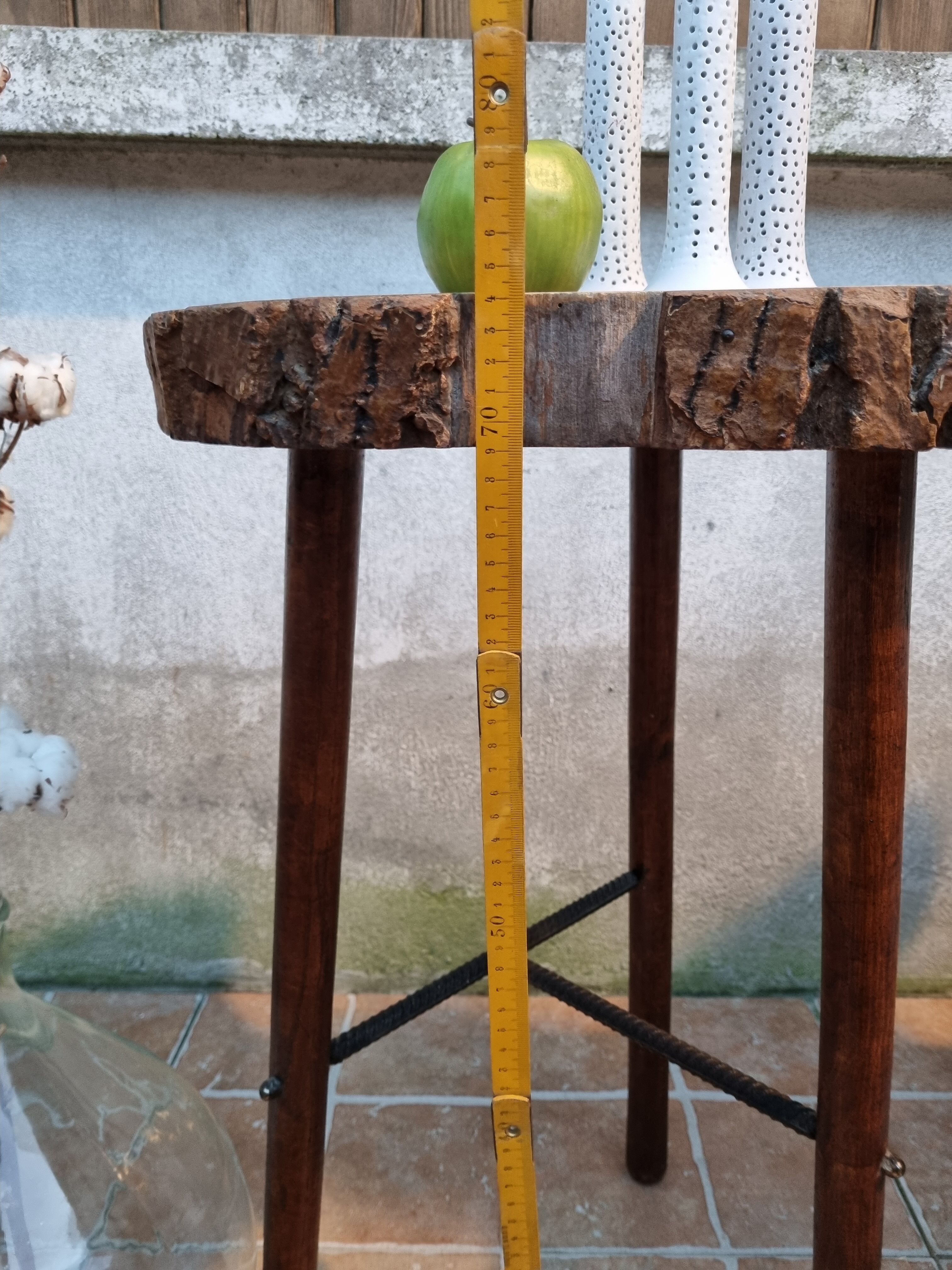 Brutalist tripod high table in wood and metal, 74 cm