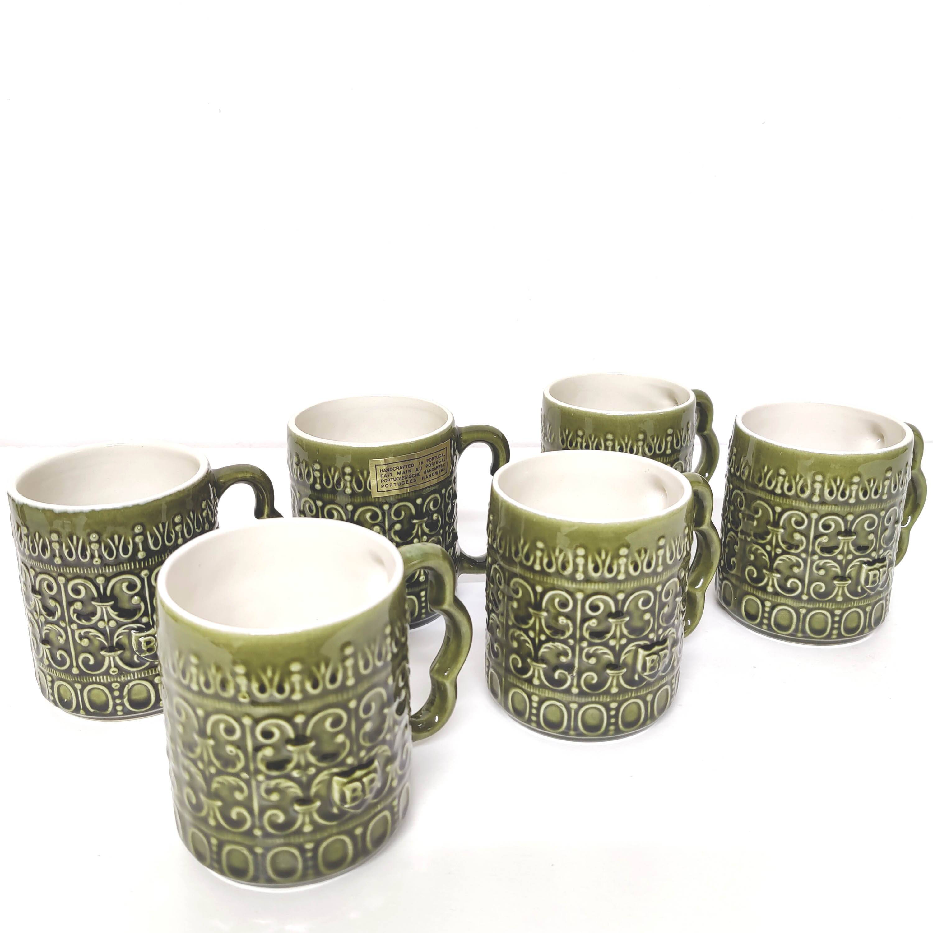Set of 6 BP mugs in green slip vintage Portuguese ceramic 70s