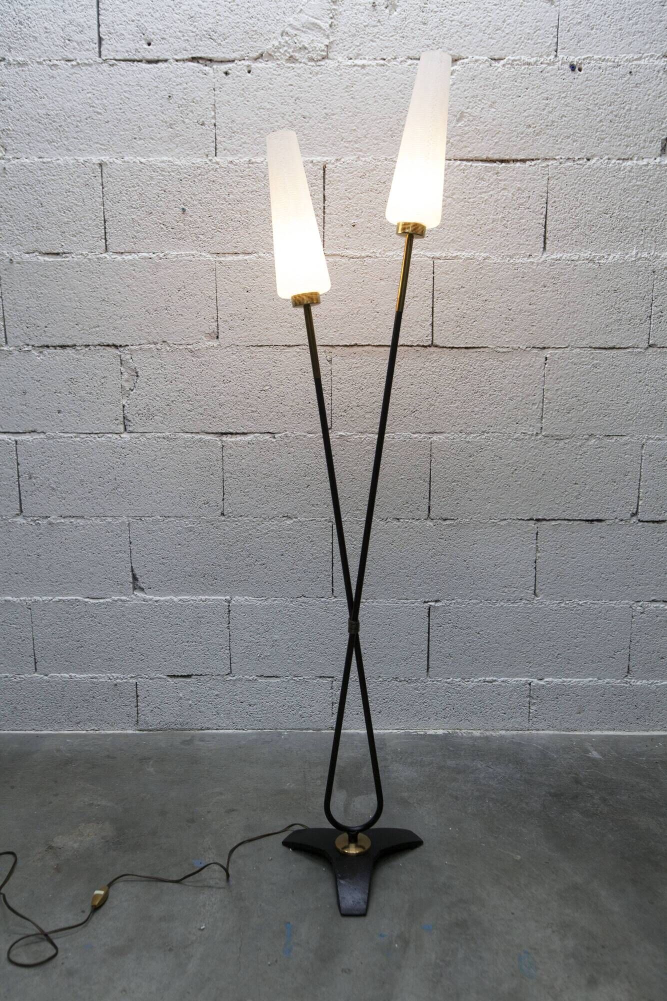Arlus floor lamp with tripod base and 2 ribbed glass lamps 1950